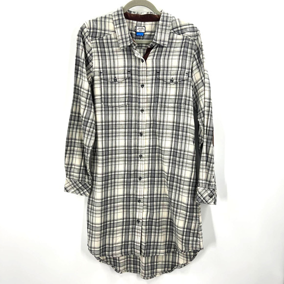 Kavu Jurnee Flannel Plaid Shirt Dress Elbow Patches Button Up Long Sleeve Small - Picture 1 of 9